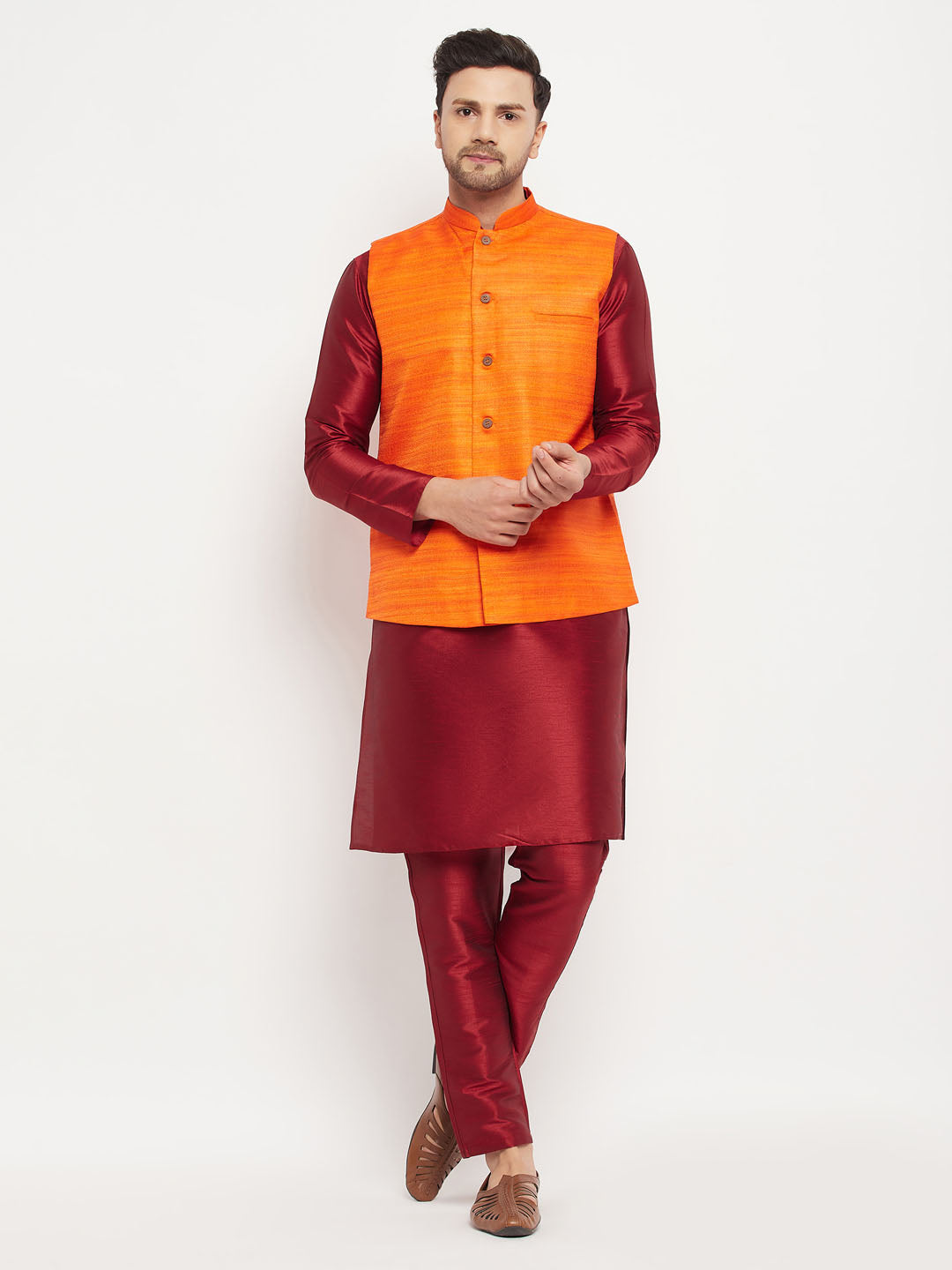 Men's Maroon Silk Blend Straight Jacket  Kurta and Pyjama Set