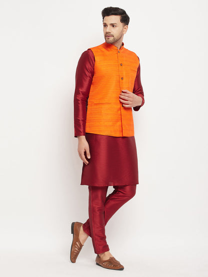 Men's Maroon Silk Blend Straight Jacket  Kurta and Pyjama Set