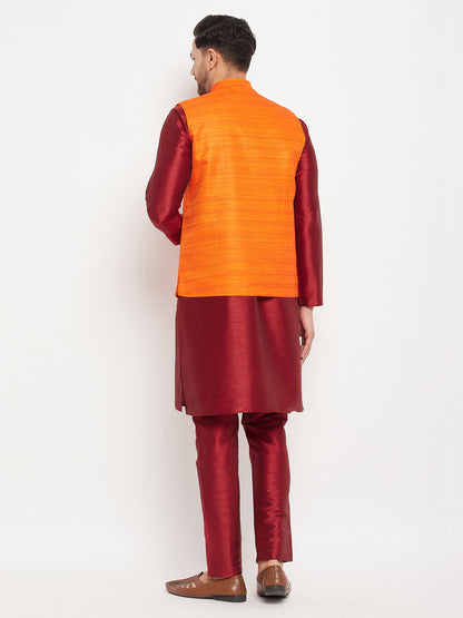 Men's Maroon Silk Blend Straight Jacket  Kurta and Pyjama Set