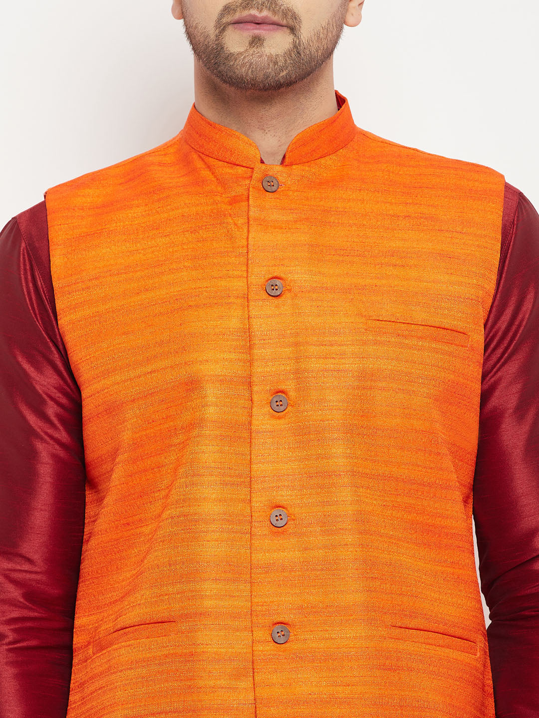 Men's Maroon Silk Blend Straight Jacket  Kurta and Pyjama Set