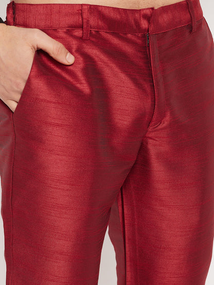 Men's Maroon Silk Blend Straight Jacket  Kurta and Pyjama Set