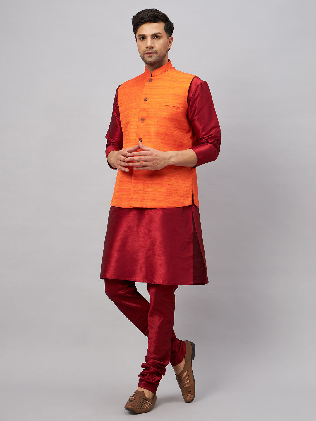 Men's Maroon Silk Blend Straight Jacket  Kurta and Pyjama Set
