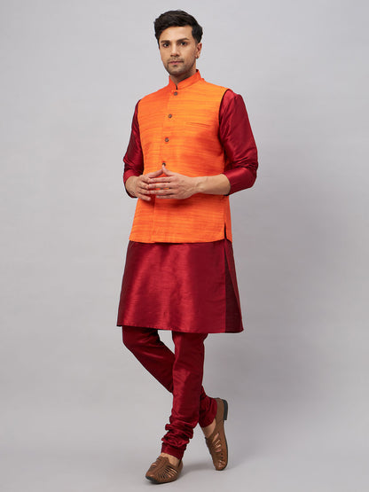 Men's Maroon Silk Blend Straight Jacket  Kurta and Pyjama Set