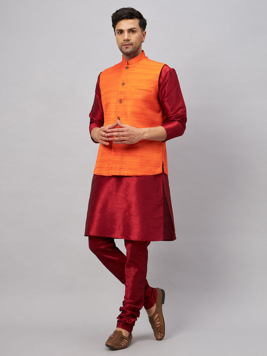 Men's Maroon Silk Blend Straight Jacket  Kurta and Pyjama Set