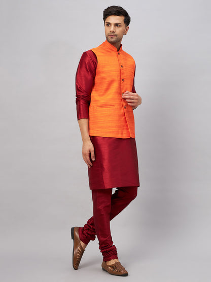 Men's Maroon Silk Blend Straight Jacket  Kurta and Pyjama Set