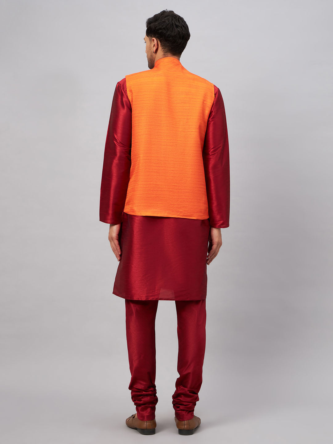 Men's Maroon Silk Blend Straight Jacket  Kurta and Pyjama Set