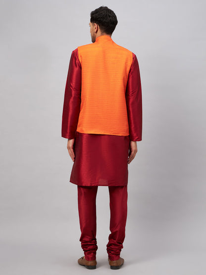 Men's Maroon Silk Blend Straight Jacket  Kurta and Pyjama Set