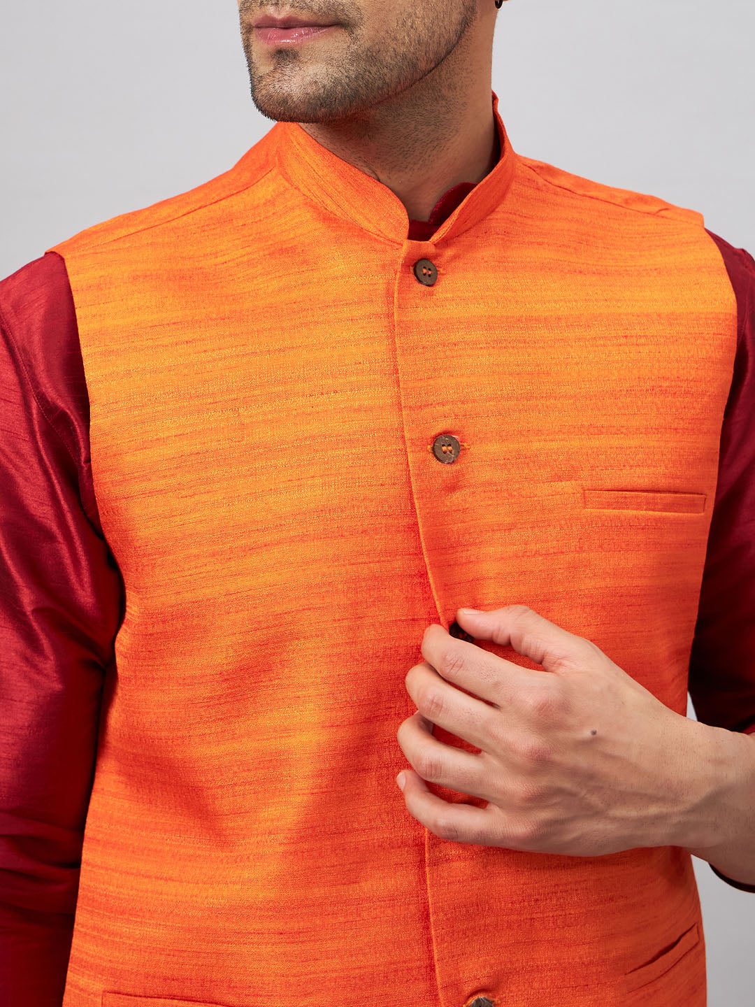 Men's Maroon Silk Blend Straight Jacket  Kurta and Pyjama Set