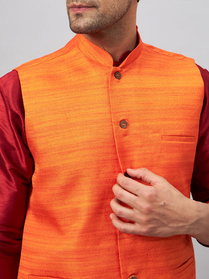 Men's Maroon Silk Blend Straight Jacket  Kurta and Pyjama Set