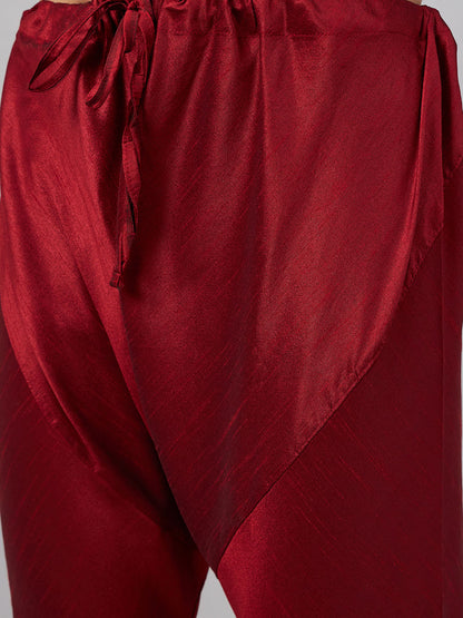 Men's Maroon Silk Blend Straight Jacket  Kurta and Pyjama Set