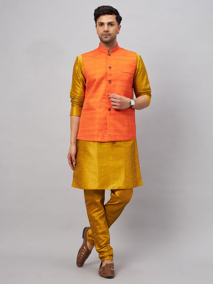 Men's Mustard Silk Blend Straight Jacket  Kurta and Pyjama Set