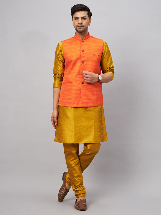 Men's Mustard Silk Blend Straight Jacket  Kurta and Pyjama Set