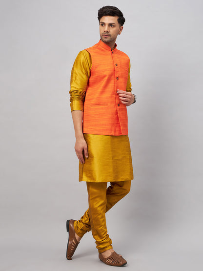 Men's Mustard Silk Blend Straight Jacket  Kurta and Pyjama Set