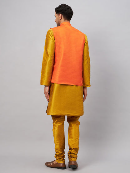 Men's Mustard Silk Blend Straight Jacket  Kurta and Pyjama Set