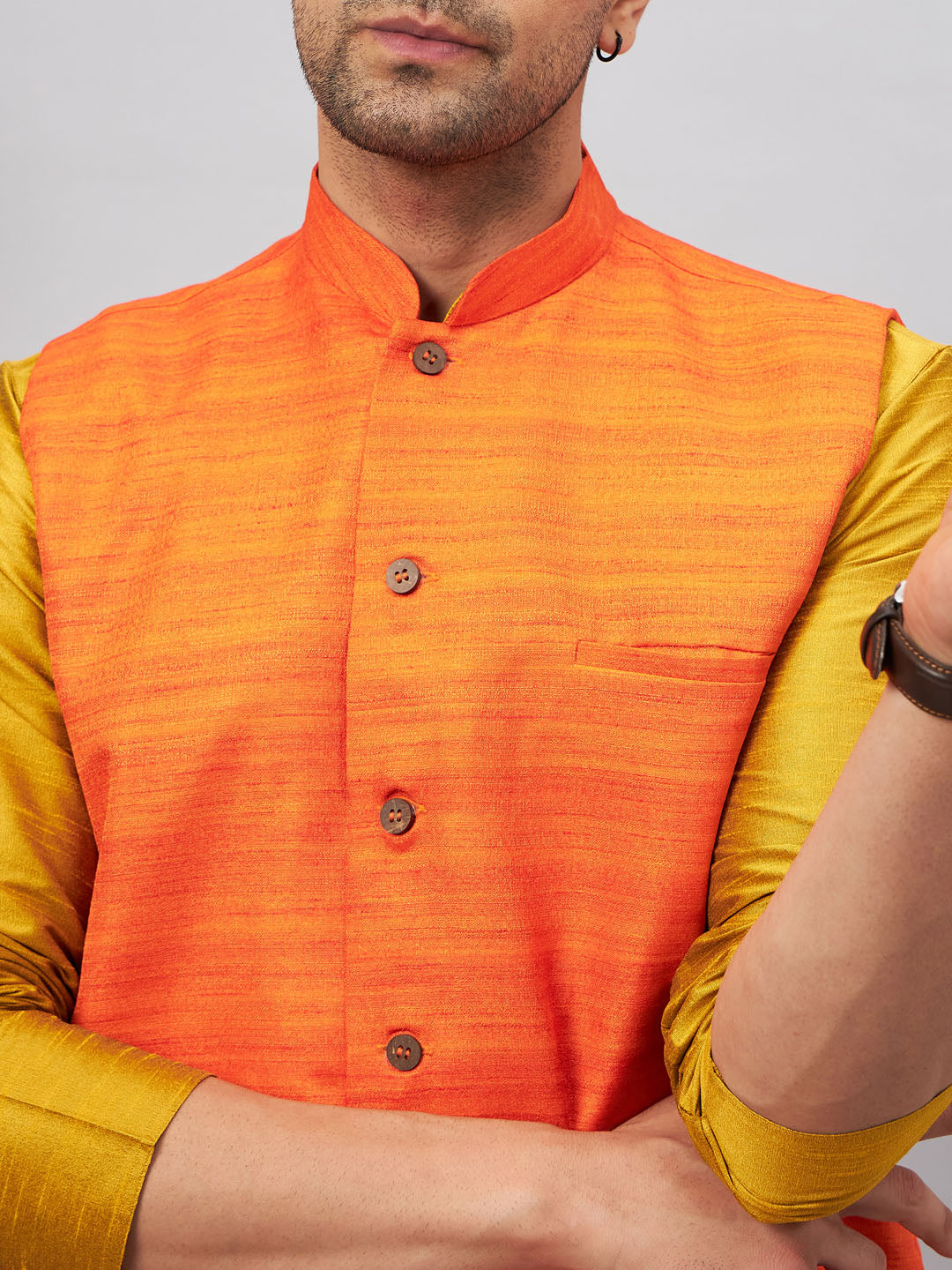 Men's Mustard Silk Blend Straight Jacket  Kurta and Pyjama Set