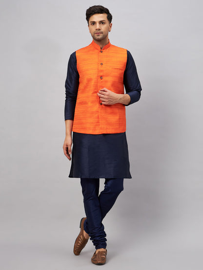 Men's Navy Blue Silk Blend Straight Jacket  Kurta and Pyjama Set