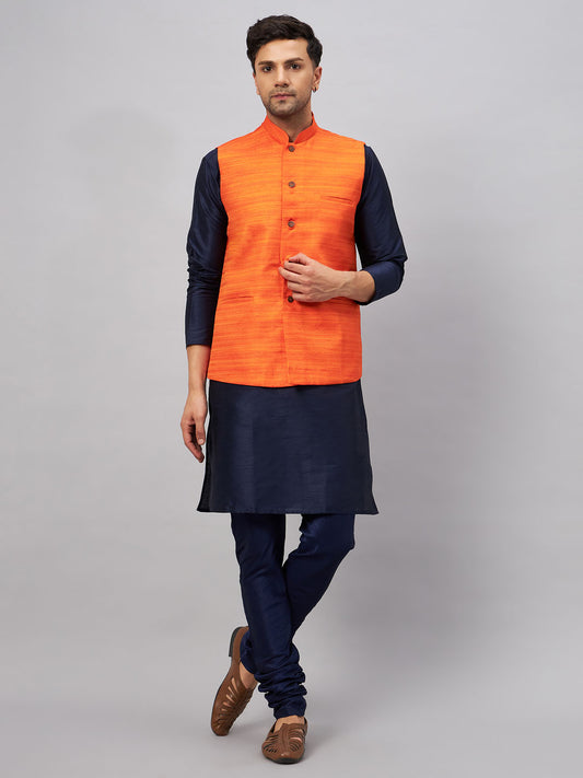 Men's Navy Blue Silk Blend Straight Jacket  Kurta and Pyjama Set