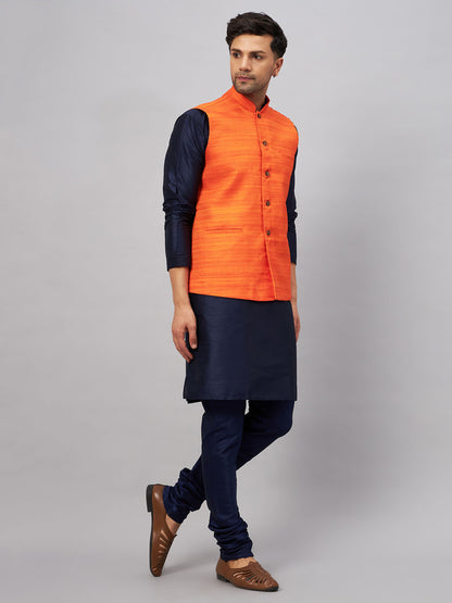 Men's Navy Blue Silk Blend Straight Jacket  Kurta and Pyjama Set