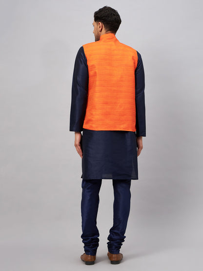 Men's Navy Blue Silk Blend Straight Jacket  Kurta and Pyjama Set