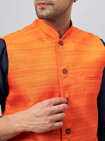Men's Navy Blue Silk Blend Straight Jacket  Kurta and Pyjama Set