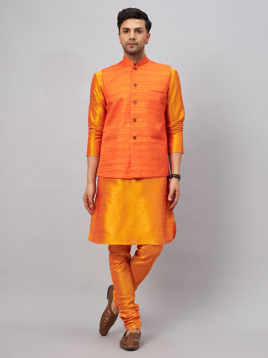 Men's Orange Silk Blend Straight Jacket  Kurta and Pyjama Set