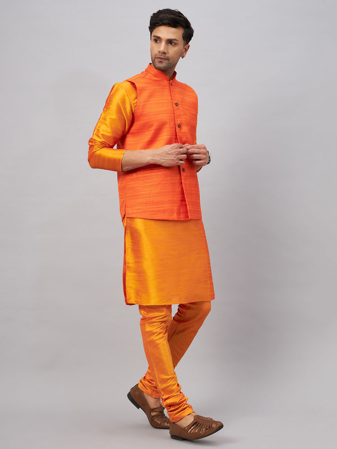 Men's Orange Silk Blend Straight Jacket  Kurta and Pyjama Set