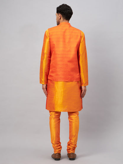 Men's Orange Silk Blend Straight Jacket  Kurta and Pyjama Set