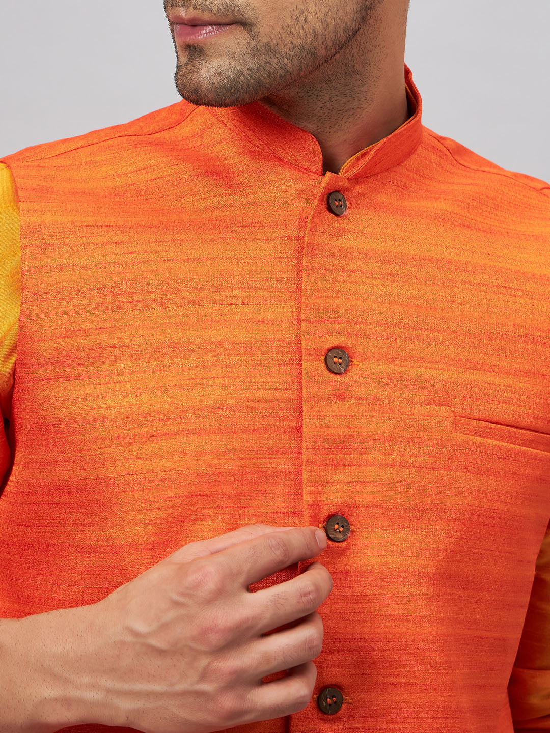 Men's Orange Silk Blend Straight Jacket  Kurta and Pyjama Set