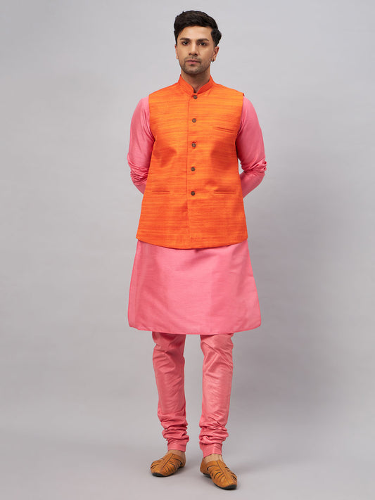 Men's Pink Silk Blend Straight Jacket  Kurta and Pyjama Set