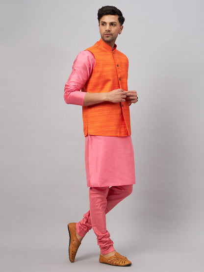 Men's Pink Silk Blend Straight Jacket  Kurta and Pyjama Set