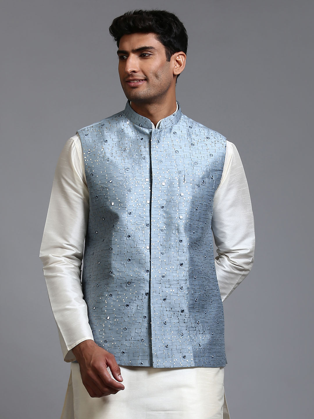 Men's Grey Silk Blend Straight Nehru Jacket
