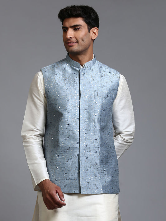 Men's Grey Silk Blend Straight Nehru Jacket