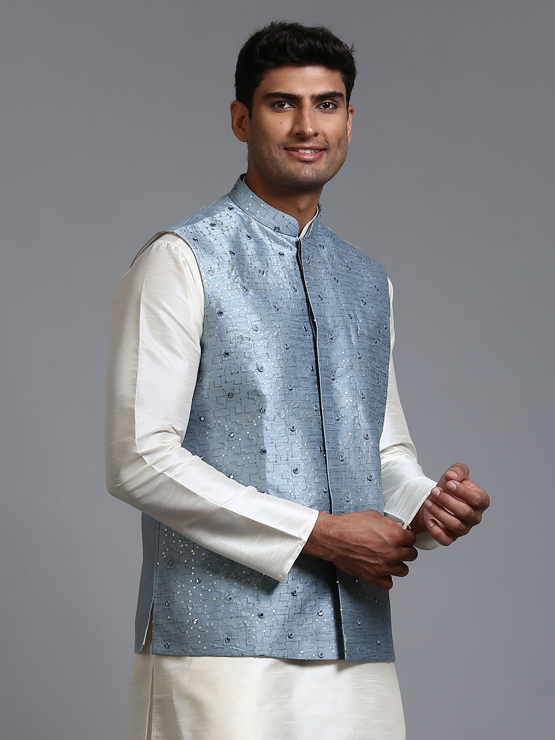Men's Grey Silk Blend Straight Nehru Jacket