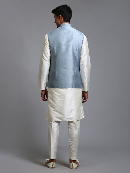 Men's Cream Silk Blend Straight Jacket  Kurta and Pyjama Set