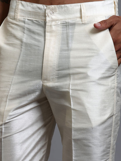 Men's Cream Silk Blend Straight Jacket  Kurta and Pyjama Set