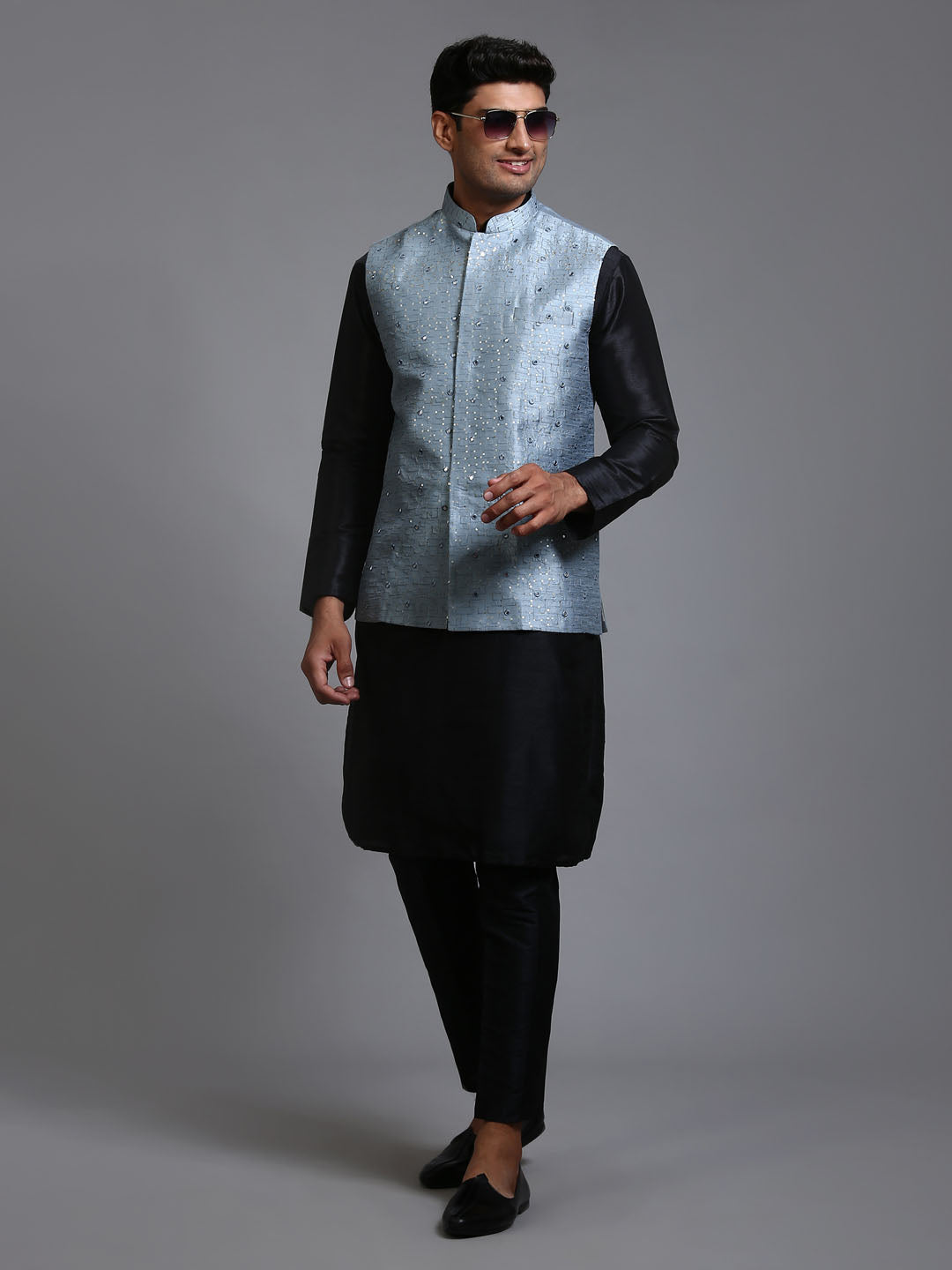 Men's Black Silk Blend Straight Jacket  Kurta and Pyjama Set