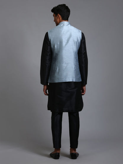 Men's Black Silk Blend Straight Jacket  Kurta and Pyjama Set