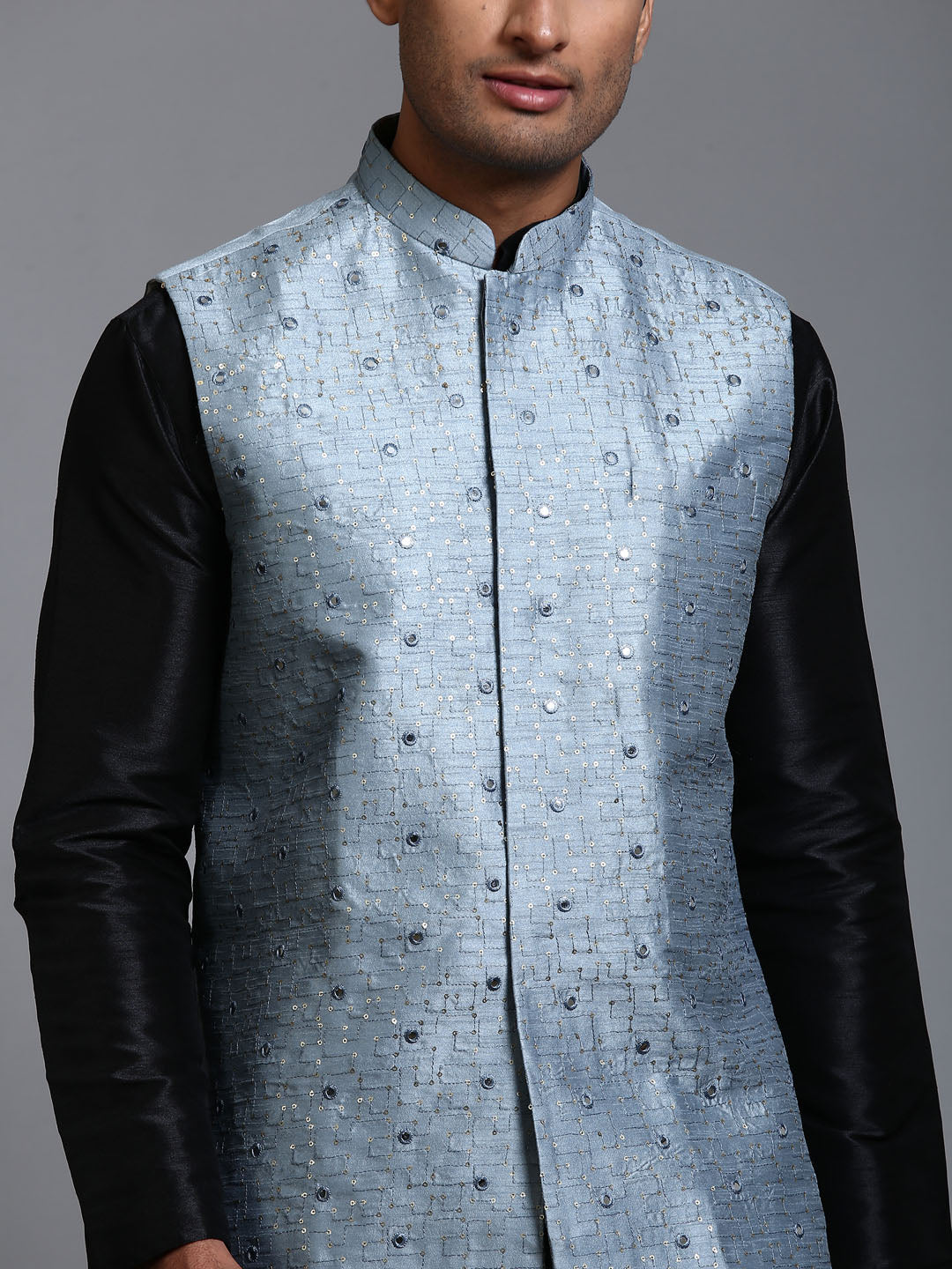 Men's Black Silk Blend Straight Jacket  Kurta and Pyjama Set