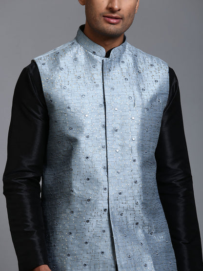 Men's Black Silk Blend Straight Jacket  Kurta and Pyjama Set