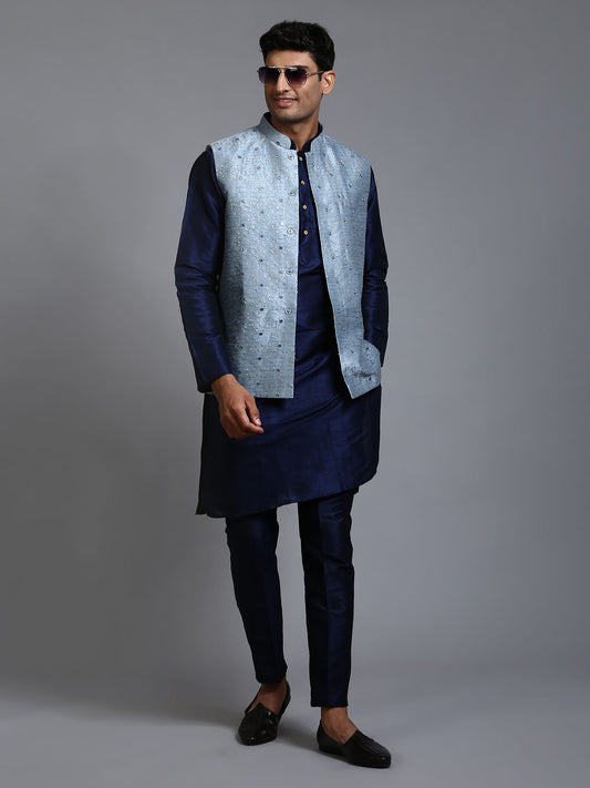Men's Navy Blue Silk Blend Straight Jacket  Kurta and Pyjama Set