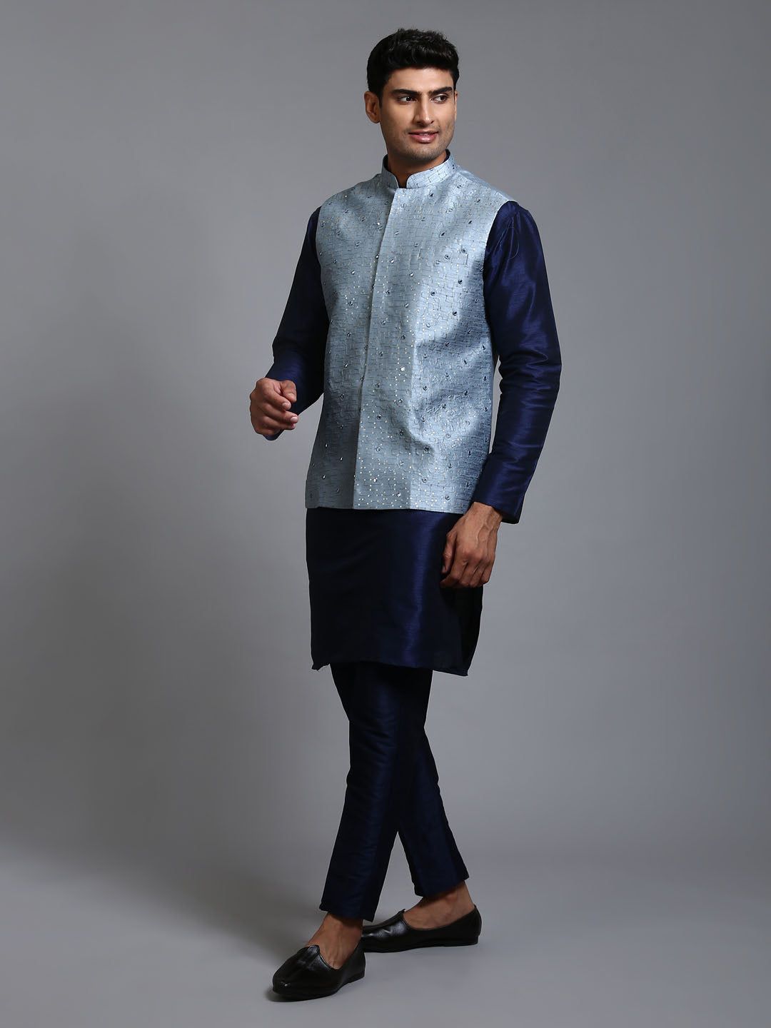 Men's Navy Blue Silk Blend Straight Jacket  Kurta and Pyjama Set