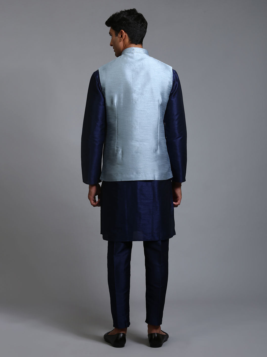 Men's Navy Blue Silk Blend Straight Jacket  Kurta and Pyjama Set