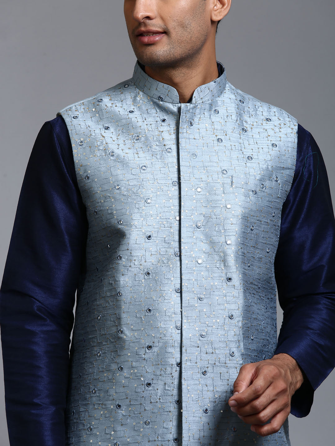 Men's Navy Blue Silk Blend Straight Jacket  Kurta and Pyjama Set