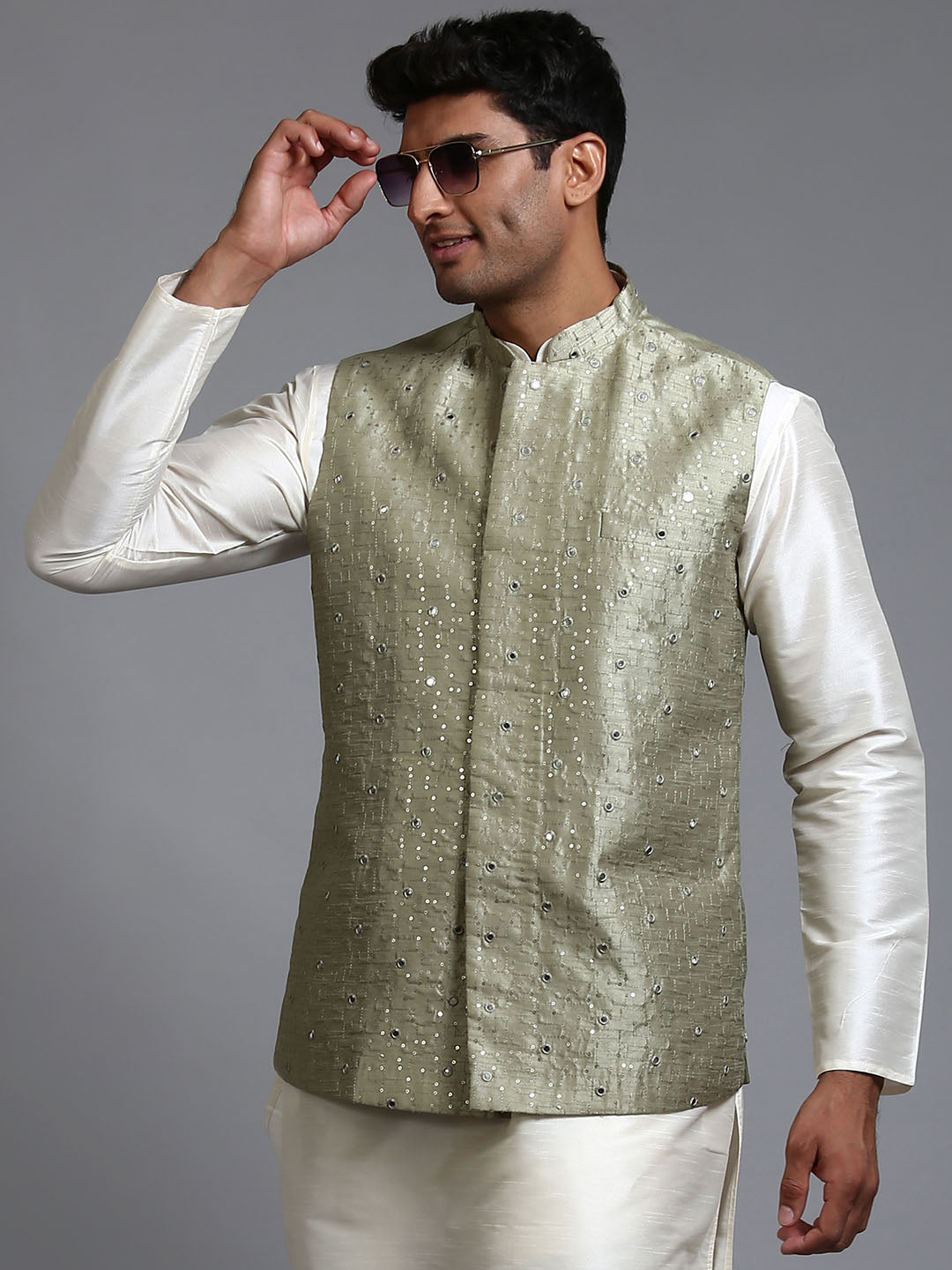 Men's Mint Green Silk Blend Straight Nehru Jacket