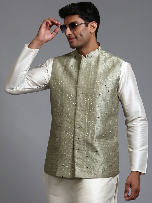 Men's Mint Green Silk Blend Straight Nehru Jacket