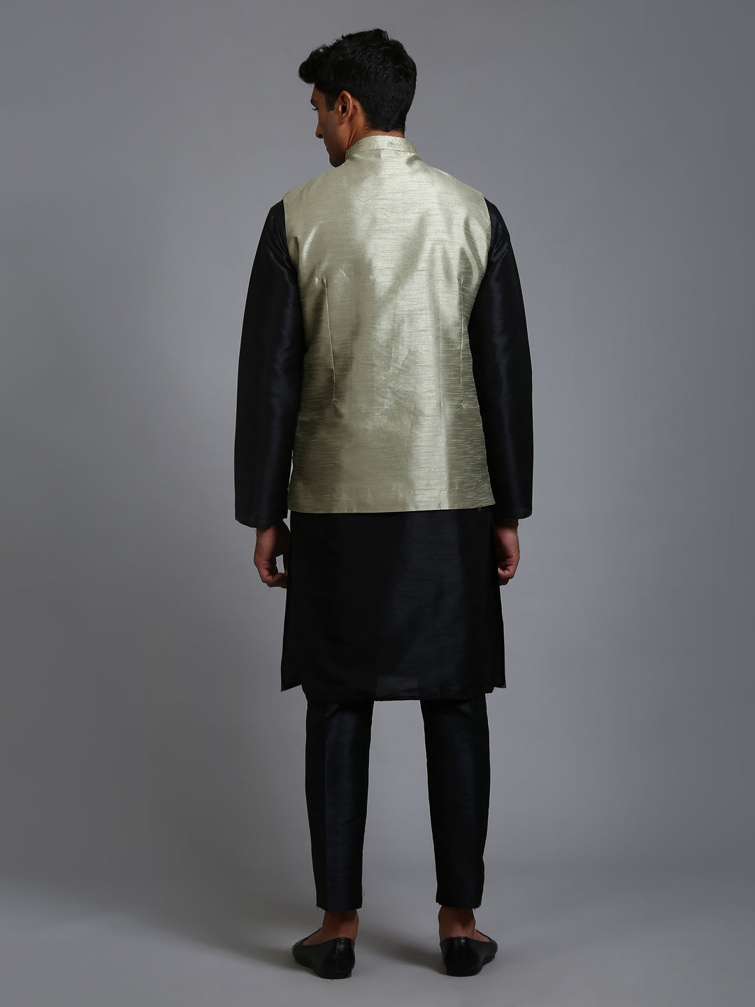 Men's Black Silk Blend Straight Jacket  Kurta and Pyjama Set