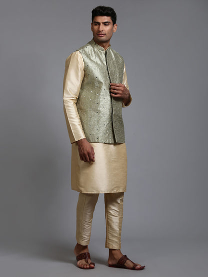 Men's Gold Silk Blend Straight Jacket  Kurta and Pyjama Set