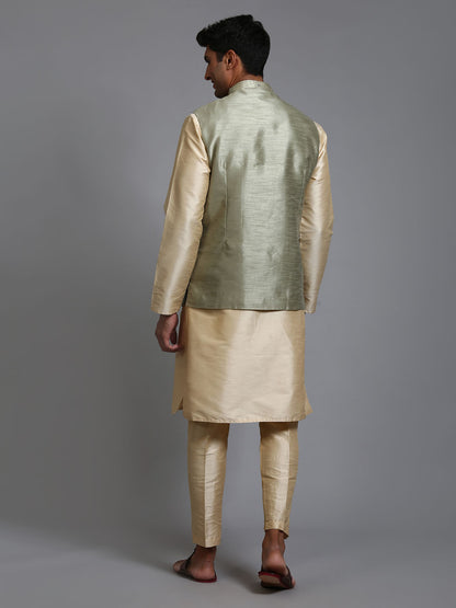 Men's Gold Silk Blend Straight Jacket  Kurta and Pyjama Set