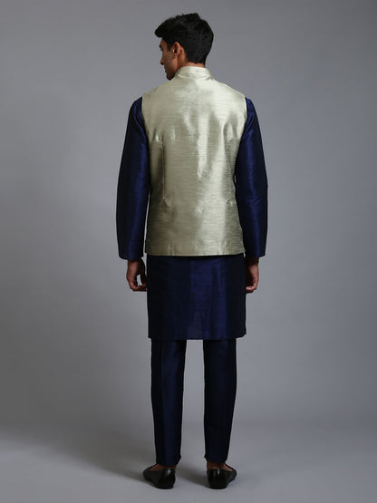 Men's Navy Blue Silk Blend Straight Jacket  Kurta and Pyjama Set