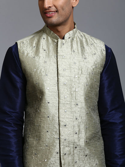 Men's Navy Blue Silk Blend Straight Jacket  Kurta and Pyjama Set